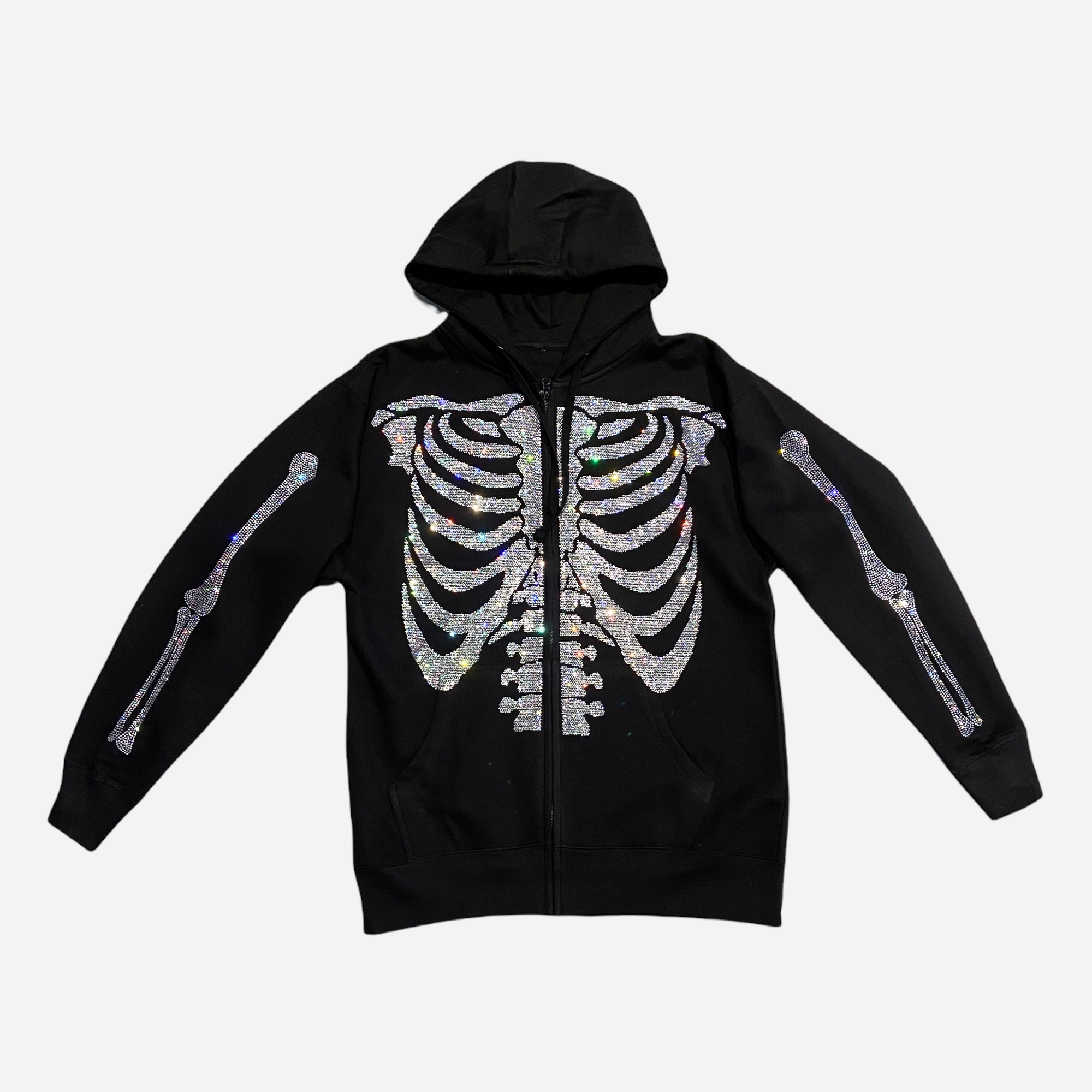 Y2K Rhinestone Skeleton Rib Cage Zip-Up Hoodie Heat Irvine